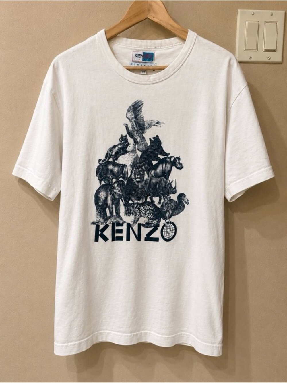 Kenzo White Short Sleeve Tee Navy Animal Stack Graphic (M)